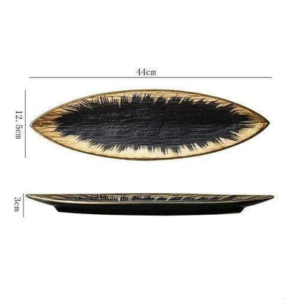 Sophisticated Japanese Ceramic Leaf Plate with Textured Finish and Gold Trim - Perfect for Elegant Dining - Très Elite