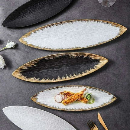 Sophisticated Japanese Ceramic Leaf Plate with Textured Finish and Gold Trim - Perfect for Elegant Dining - Très Elite