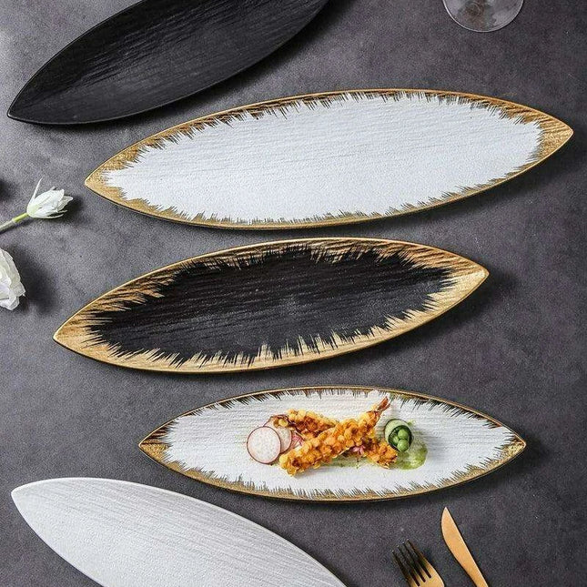 Sophisticated Japanese Ceramic Leaf Plate with Textured Finish and Gold Trim - Perfect for Elegant Dining - Très Elite