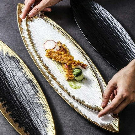 Sophisticated Japanese Ceramic Leaf Plate with Textured Finish and Gold Trim - Perfect for Elegant Dining - Très Elite