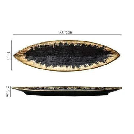 Sophisticated Japanese Ceramic Leaf Plate with Textured Finish and Gold Trim - Perfect for Elegant Dining - Très Elite