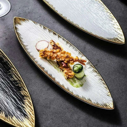 Sophisticated Japanese Ceramic Leaf Plate with Textured Finish and Gold Trim - Perfect for Elegant Dining - Très Elite