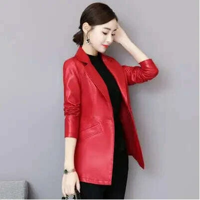 Sophisticated Korean Sheepskin Leather Blazer for Women - Trendy Mid-Length Fashion Coat - Très Elite
