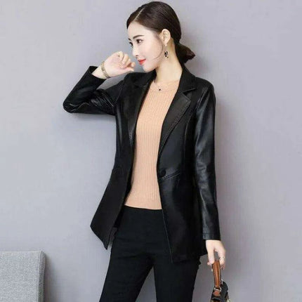 Sophisticated Korean Sheepskin Leather Blazer for Women - Trendy Mid-Length Fashion Coat - Très Elite