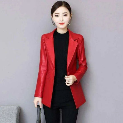 Sophisticated Korean Sheepskin Leather Blazer for Women - Trendy Mid-Length Fashion Coat - Très Elite