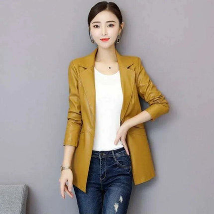 Sophisticated Korean Sheepskin Leather Blazer for Women - Trendy Mid-Length Fashion Coat - Très Elite
