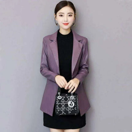 Sophisticated Korean Sheepskin Leather Blazer for Women - Trendy Mid-Length Fashion Coat - Très Elite