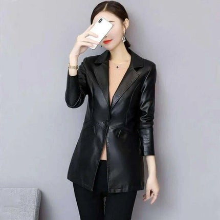 Sophisticated Korean Sheepskin Leather Blazer for Women - Trendy Mid-Length Fashion Coat - Très Elite