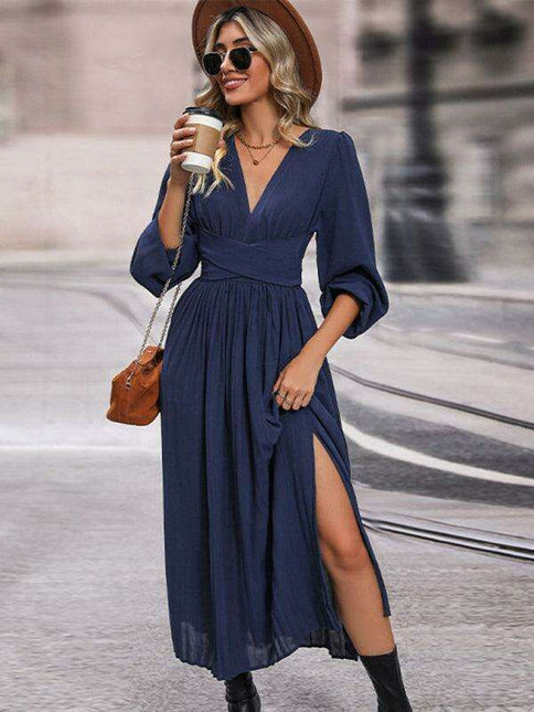 Sophisticated Long Sleeve Bandage Waist Dress with Slit for Women