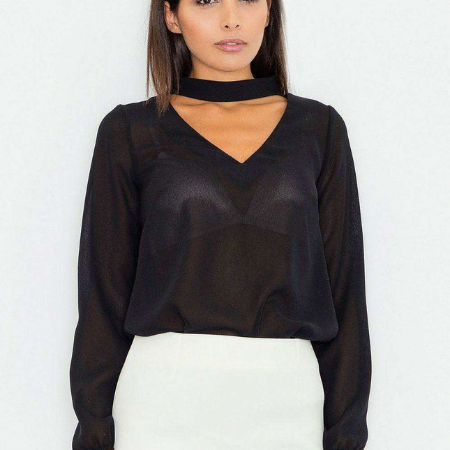 Sophisticated Long Sleeve Blouse with Distinctive Cheese Neckline and Trendy Sash - A Classic Elegance Essential