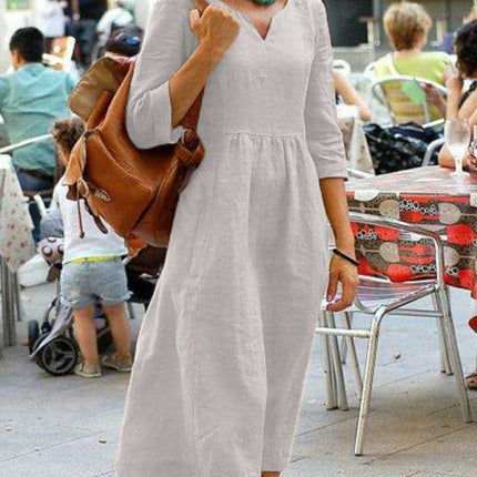 Sophisticated Long Sleeve V-neck Dress in Premium Cotton Blend - A Wardrobe Staple for Women