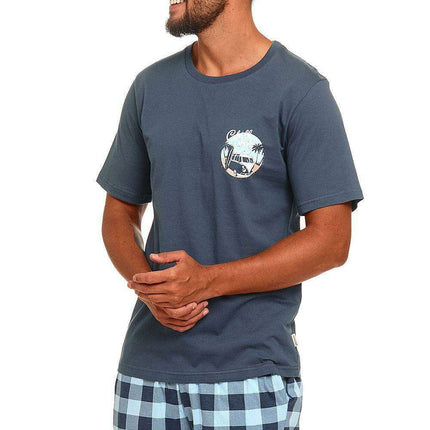 Sophisticated Men's Cotton Lounge Ensemble - Chic Short Sleeve Top with Trendy Trousers - Très Elite