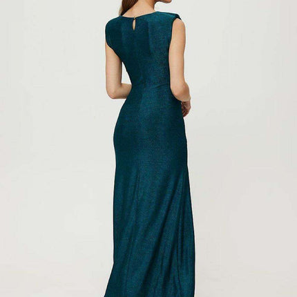 Sophisticated Metallic Thread Evening Dress with Dramatic High Slit - Très Elite