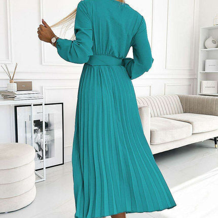 Sophisticated Ocean-Inspired Pleated Midi Dress with Elegant Envelope Neckline - Perfect for Any Occasion - Très Elite