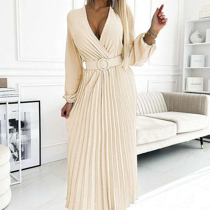 Sophisticated Ocean-Inspired Pleated Midi Dress with Elegant Envelope Neckline - Perfect for Any Occasion - Très Elite