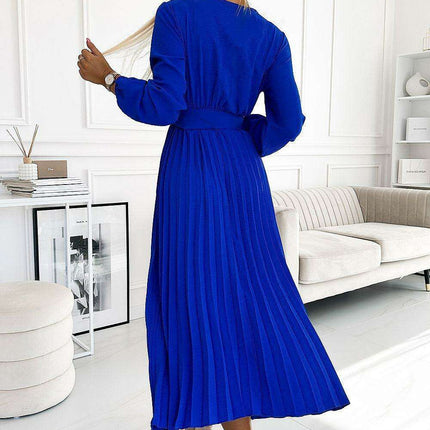 Sophisticated Ocean-Inspired Pleated Midi Dress with Elegant Envelope Neckline - Perfect for Any Occasion - Très Elite