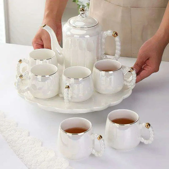 Sophisticated Pearl Ceramic Tea and Beverage Serving Collection with Coffee Pot and Cups