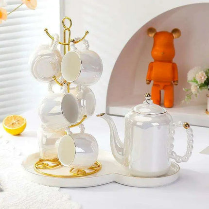 Sophisticated Pearl Ceramic Tea and Beverage Serving Collection with Coffee Pot and Cups - Très Elite