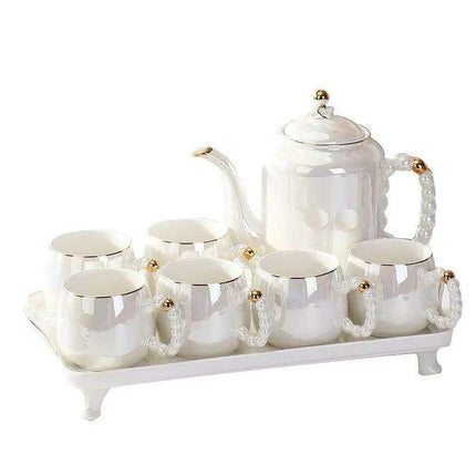 Sophisticated Pearl Ceramic Tea and Beverage Serving Collection with Coffee Pot and Cups - Très Elite