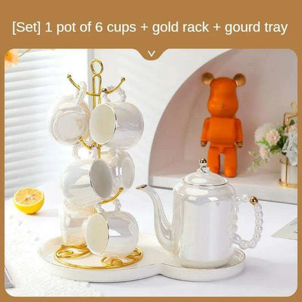 Sophisticated Pearl Ceramic Tea and Beverage Serving Collection with Coffee Pot and Cups - Très Elite