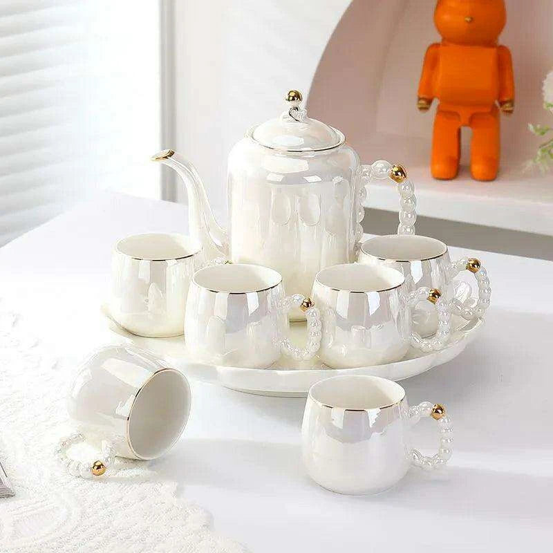 Sophisticated Pearl Ceramic Tea and Beverage Serving Collection with Coffee Pot and Cups - Très Elite