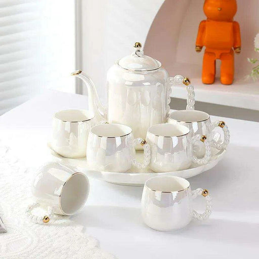 Sophisticated Pearl Ceramic Tea and Beverage Serving Collection with Coffee Pot and Cups - Très Elite