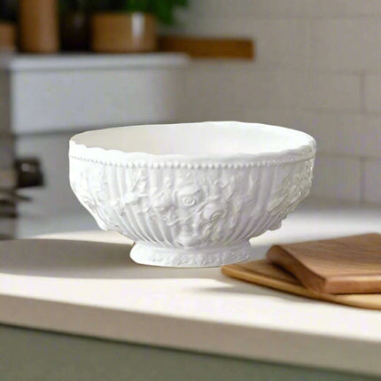 Sophisticated Rose-Embossed Ceramic Coffee Mug Set with Matching Plates and Bowls..