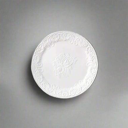 Sophisticated Rose-Embossed Ceramic Coffee Mug Set with Matching Plates and Bowls..