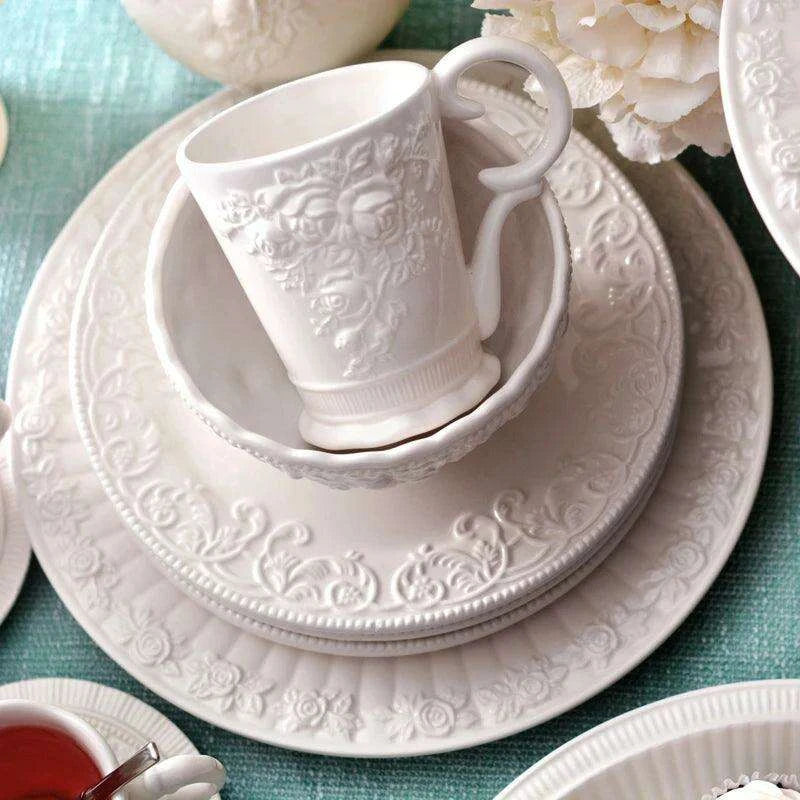 Sophisticated Rose-Embossed Ceramic Coffee Mug Set with Matching Plates and Bowls - Très Elite