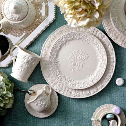 Sophisticated Rose-Embossed Ceramic Coffee Mug Set with Matching Plates and Bowls - Très Elite