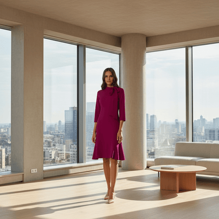 Sophisticated Ruffle-Back Day Dress with Stand-Up Collar - Très Elite