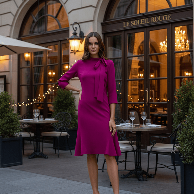 Sophisticated Ruffle-Back Day Dress with Stand-Up Collar