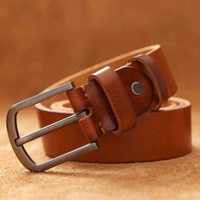 Sophisticated Rustic Brown Leather Cowboy Belt for Men - Genuine Top Cowhide Fashion Essential