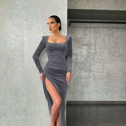 Sophisticated Square Neck High Waist Flared Mini Dress with Split - Très Elite