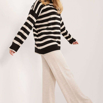 Sophisticated Striped Ribbed Knit Outfit with High-Waisted Trousers