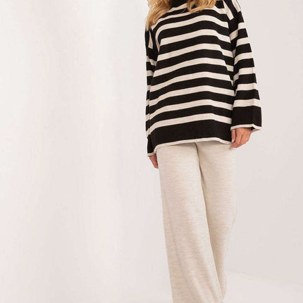 Sophisticated Striped Ribbed Knit Outfit with High-Waisted Trousers - Très Elite