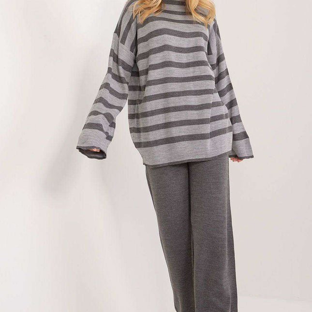 Sophisticated Striped Ribbed Knit Outfit with High-Waisted Trousers