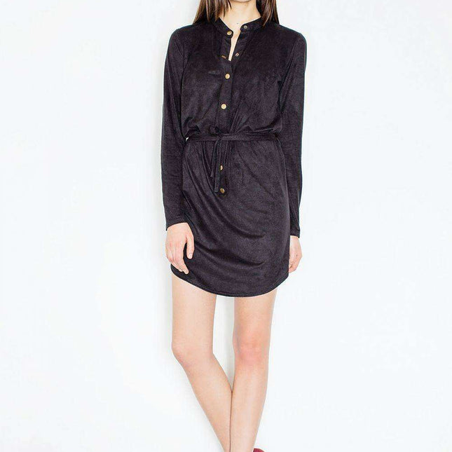 Sophisticated Suede-Like Day Dress with Chic Stand-Up Collar and Waist Tie