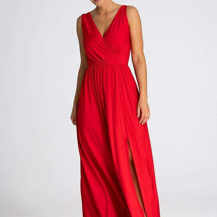 Sophisticated V-Neck Maxi Dress with Eye-Catching Front Slit and Tailored Waist Detail - Très Elite