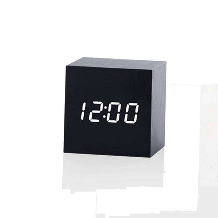 Sophisticated Voice-Activated LED Clock with Wood Grain Finish and Temperature Display - Très Elite