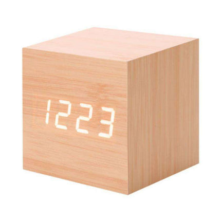 Sophisticated Voice-Activated LED Clock with Wood Grain Finish and Temperature Display - Très Elite