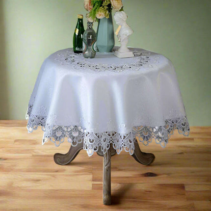 Sophisticated White Floral Lace Round Table Cover - 32-Inch Polyester Cloth for Elegant Dining Events, Easy Care- Très Elite- Très Elite