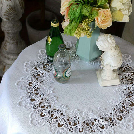 Sophisticated White Floral Lace Round Table Cover - 32-Inch Polyester Cloth for Elegant Dining Events, Easy Care- Très Elite- Très Elite