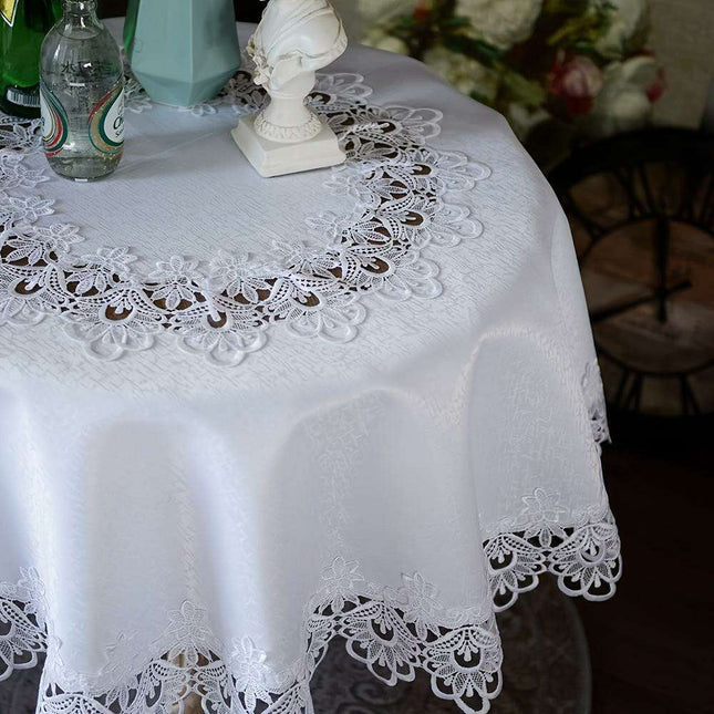 Sophisticated White Floral Lace Round Table Cover - 32-Inch Polyester Cloth for Elegant Dining Events, Easy Care
