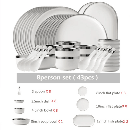 Sophisticated White Porcelain Dinnerware Collection with Silver Detailing for Elegant Home and Hotel Dining- Très Elite- Très Elite