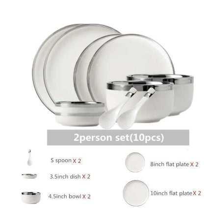 Sophisticated White Porcelain Dinnerware Collection with Silver Detailing for Elegant Home and Hotel Dining- Très Elite- Très Elite