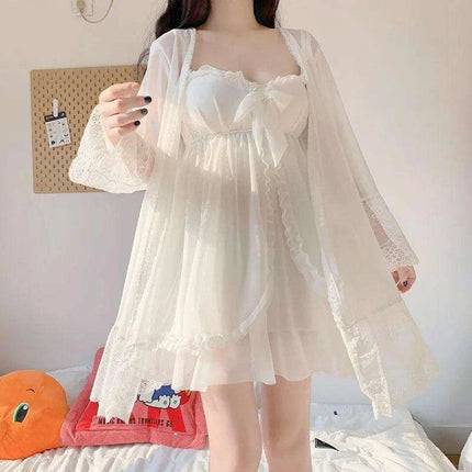 Sophisticated White Women's Lace Bow Sleepwear Collection - Chic Mesh Gown and Robe Set - Très Elite