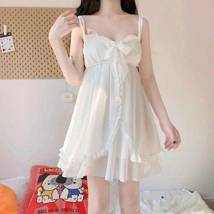 Sophisticated White Women's Lace Bow Sleepwear Collection - Chic Mesh Gown and Robe Set - Très Elite