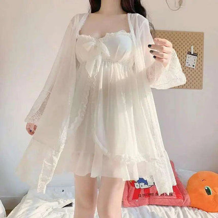 Sophisticated White Women's Lace Bow Sleepwear Collection - Chic Mesh Gown and Robe Set - Très Elite