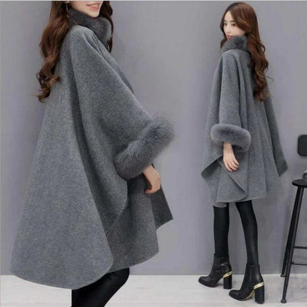 Sophisticated Winter Charm - Opulent Fox Fur Collar Cape Coat for Trendsetting Women - Très Elite